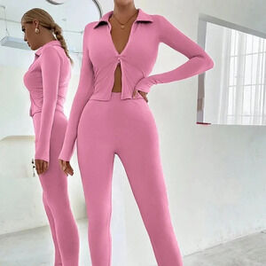 Casual Zip Up Ribbed Knit Jacket & Leggings Pink